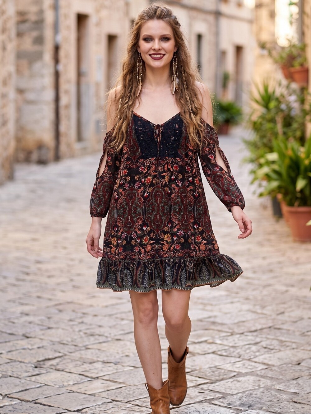 AUW Black and Rust Floral Cold-Shoulder Bohemian Mini Dress